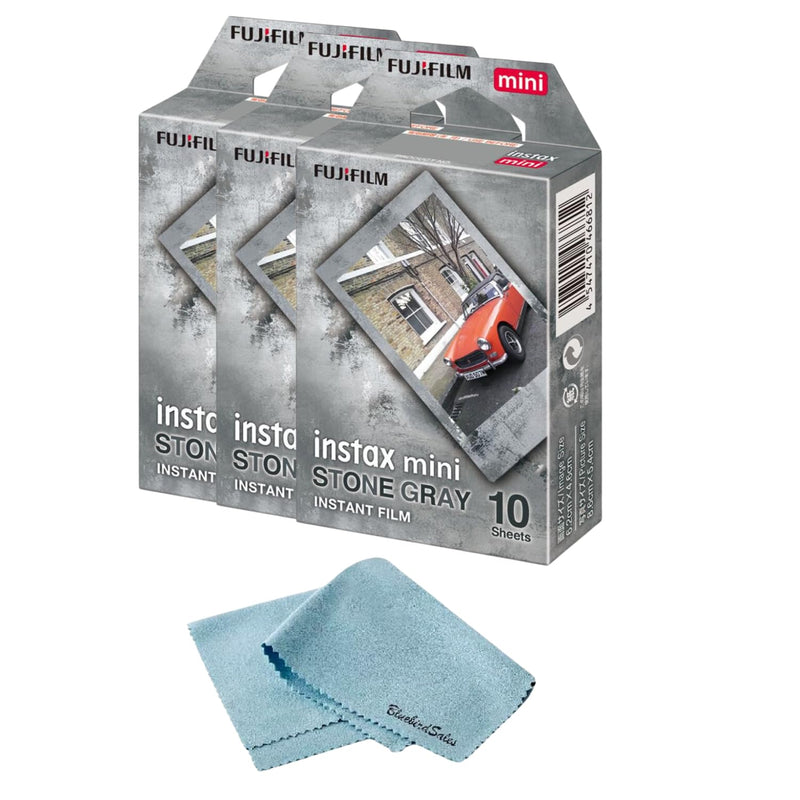 FUJIFILM Instant Mini Stone Gray Film Bundle 30 Shot with BluebirdSales Microfiber Cleaning Cloth, ISO 800, Credit-Card Size, Easy Load for All Instant Mini Cameras & Printers 30 Shots