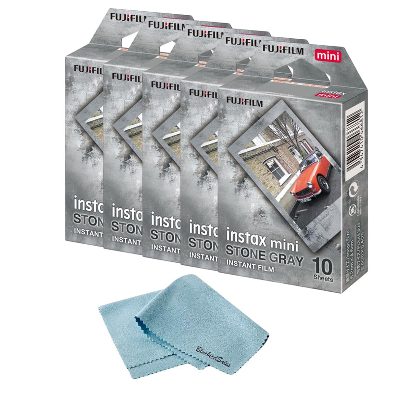 FUJIFILM Mini Stone Gray Film Bundle ISO 800, Credit-Card Size, Easy-Load Cartridge, BluebirdSales Microfiber Cleaning Cloth, Compatible with INSTAX MINI Cameras (50 Shots) 50 Shots