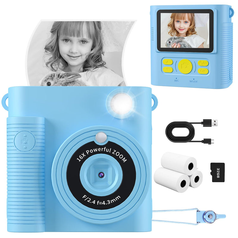 Instant Print Camera for Kids,1080P HD Digital Kids Camera with 32G SD Card,Video Camera for Toddler Christmas Birthday Gifts for 3 4 5 6 7 8 9 10 11 Years Old Girls Boys BLUE