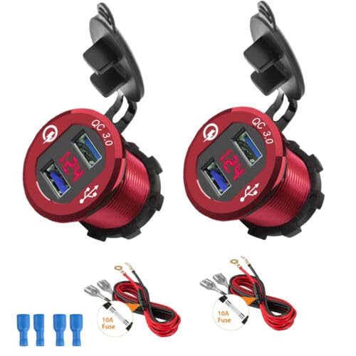 2 Sets Aluminum Dual USB Port Car Cigarette Lighter Socket LED Voltmeter 12-24V (Red) Red