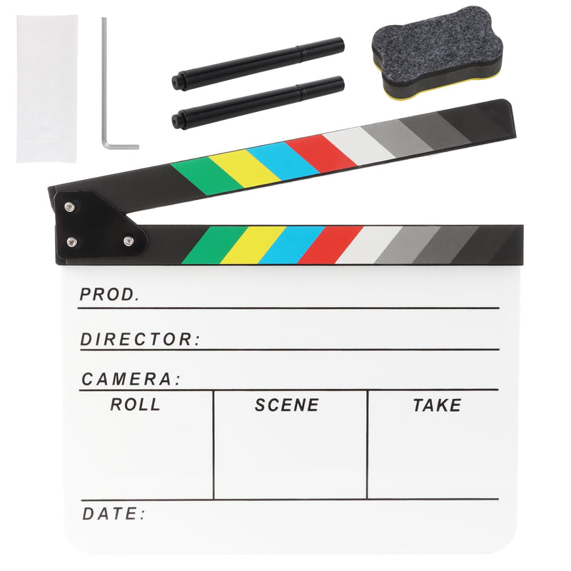 Acrylic Movie Film Directors Clapboard, Photography Video TV Cut Action Scene Slate Clapper Board Props with a Magnetic Blackboard Eraser, Two Custom Pens, Cleaning Cloth and Hex Wrench, White