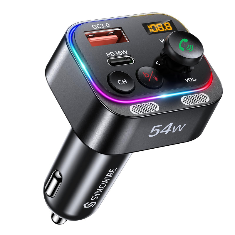 [AUSTRALIA] - Syncwire Bluetooth 5.4 FM Transmitter Car Adapter 54W (PD 36W & 18W) [Stronger Dual Mics] [Light Switch] [HiFi Bass Sound] [Fast Charging] Wireless Radio Receiver Hands-Free Calling LED Display Black 