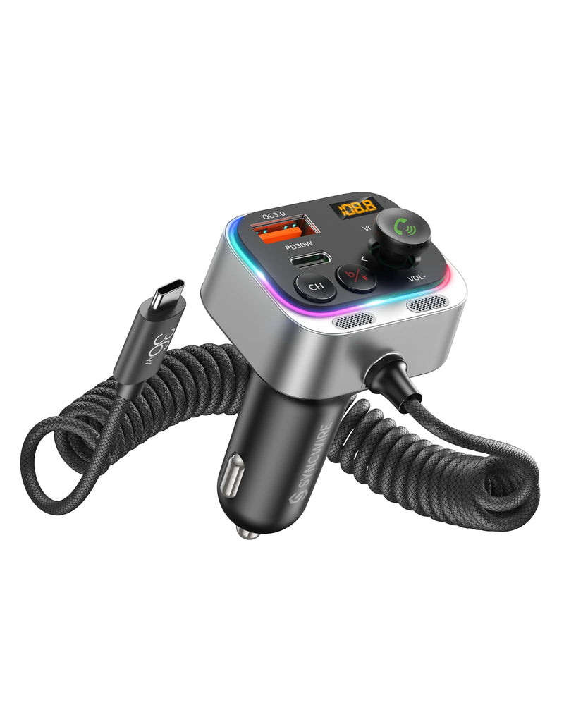 [AUSTRALIA] - Syncwire Bluetooth 5.4 FM Transmitter Car Adapter 66W PD & QC 3.0 Fast Charging with USB-C Cable Wireless Radio Adapter with Light Control, HiFi Bass, Hands-Free Calling and Strong Mics 