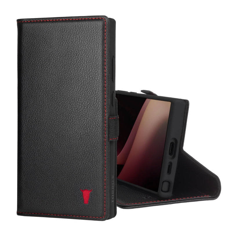 TORRO Case Compatible with Samsung Galaxy S24 Ultra 5G – Premium Leather Wallet Case with Kickstand and Card Slots (Black with Red Detail) Black with Red Detail