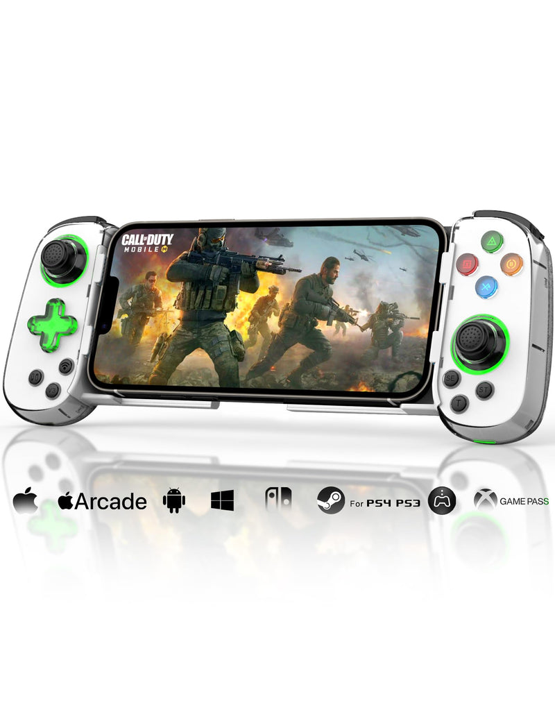 Joso Phone Controller for iPhone/Android/PC, D7 Wireless Game Controller for Switch/PS3/PS4 with Hall Joystick/Turbo/6-Axis Gyro/Dual Motor, iOS Android Controller Support Cloud Gaming/Remote Play White with Keys Light