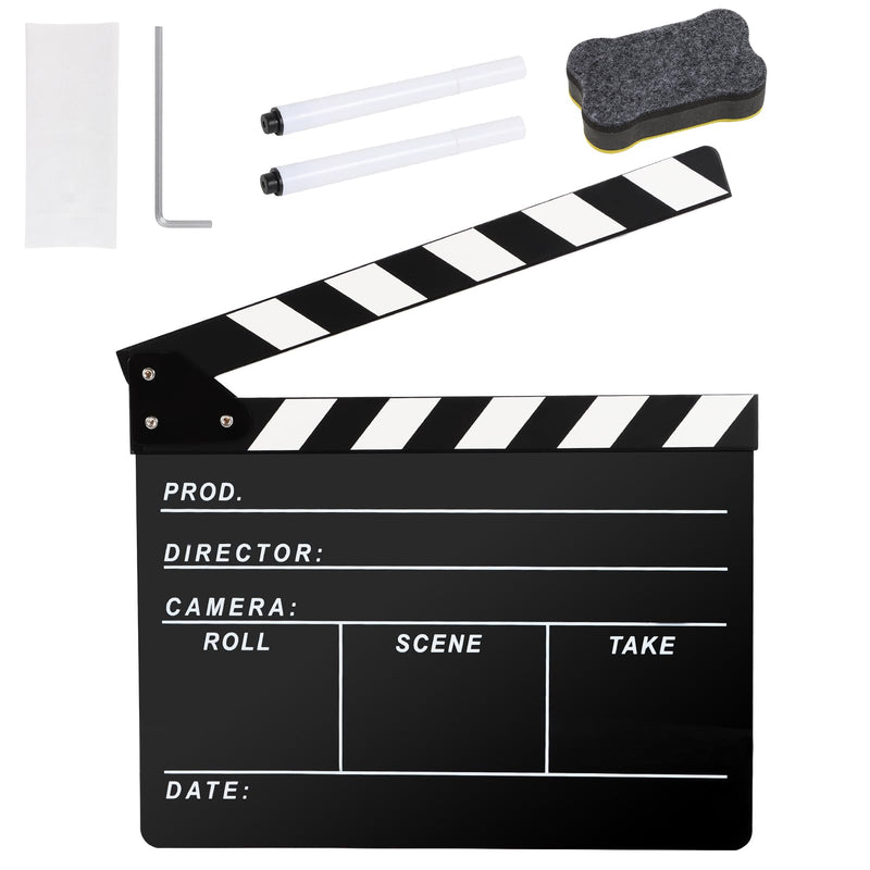 Directors Clapboard for Film, Hollywood Slate Move Photography Video TV Cut Action Scene Acrylic Clapper Board with a Magnetic Blackboard Eraser, Two Custom Pens, Cleaning Cloth and Hex Wrench