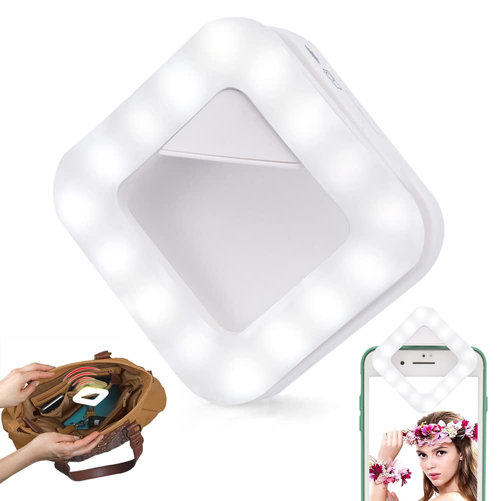 Portable Selfie Phone Ring Light Clip On for iPhone and Rechargeable Sensor Activated Purse Light Handbag Light, LED Phone Light for Pictures,Video Recording,Makeup,Travel,YouTube… white