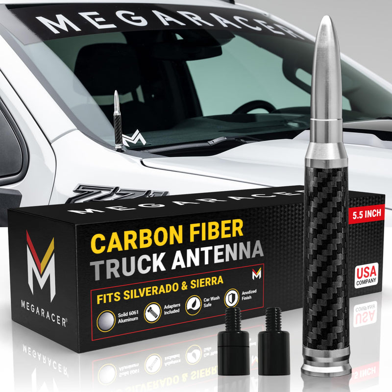 [AUSTRALIA] - Anodized Silver Carbon Fiber 50 Cal Bullet Antenna for Chevy Silverado & GMC Sierra 1500 2500 (1999-2026) – Billet Aluminum, UV & Chip-Resistant, Car Wash Safe, Short Truck Replacement Accessories 