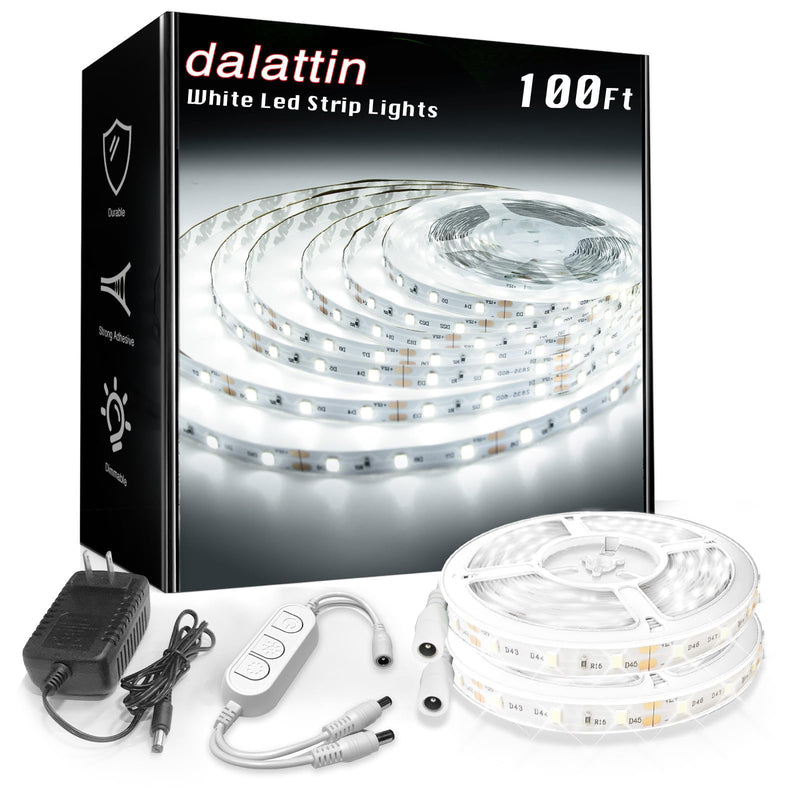 dalattin White LED Strip Lights 100ft, Dimmable Bright 24V Led Light Strip 6500K Daylight White 1800 LEDs Lights for Bedroom, Mirror, Kitchen, Strong Adhesive, 2 roll of 50ft White 6500K