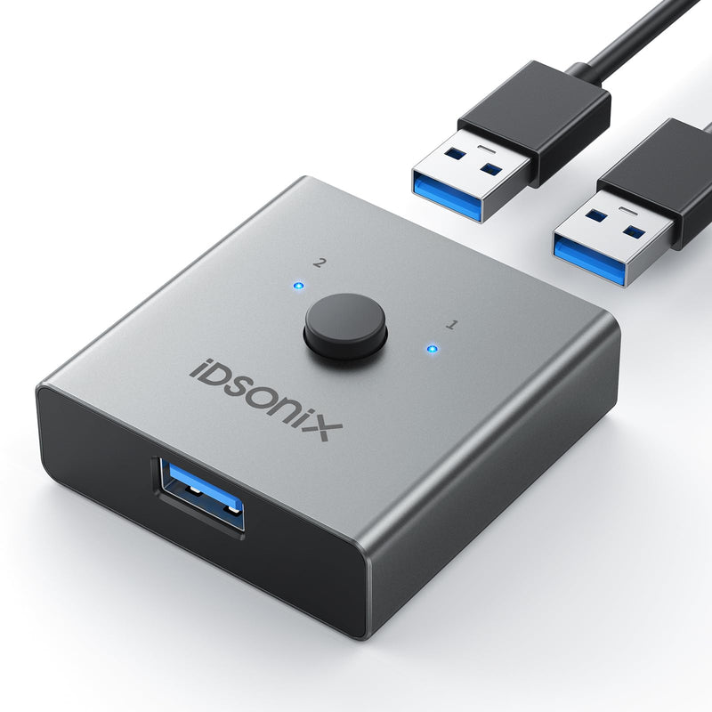 IDsonix USB 3.0 Switch for 2 Computers Share 1 Device | 1 in 2 Out Bi-Directional For Printers/Keyboards/Mice, 5Gbps Plug and Play Switcher Support CarPlay,Android Auto,Aluminum Aluminum