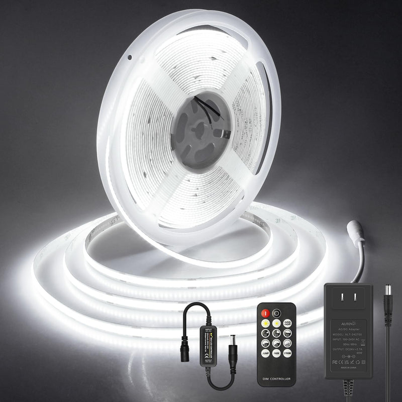 [AUSTRALIA] - ALITOVE 32.8ft COB Led Strip Light White 6500K Super Bright 24V LED Rope Lights with Remote Dimmable 3200LEDs CRI90+ Uniform Glow LED Tape Light for Mirror Under Cabinet Living Room Study Wardrobe 32.8FT 24V Daylight White(With Power) 