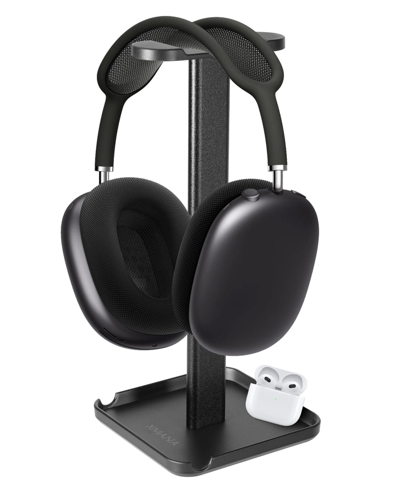 2-in-1 Aluminum Headphone Stand & Phone Holder Rack - Sleek, Sturdy & Ergonomic Design Gaming Headset Stand for Desk Organization - Gamer Gifts (Black) Black