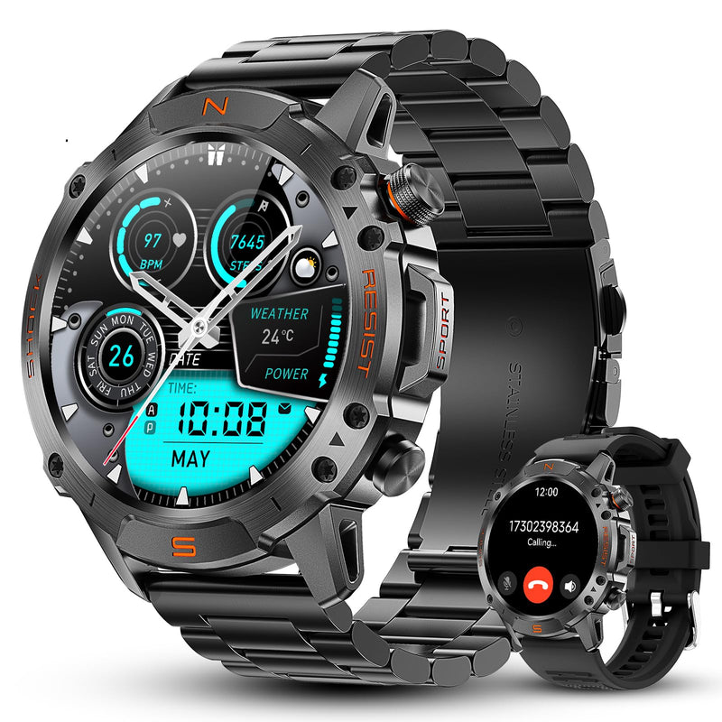 Rugged Smart Watch for Men, 5ATM Waterproof, 170+ Sports Modes,1.43" AMOLED | Round Health Fitness Tracker Watch, Tactical Military Smartwatch Compatible with iPhone Android Metallic