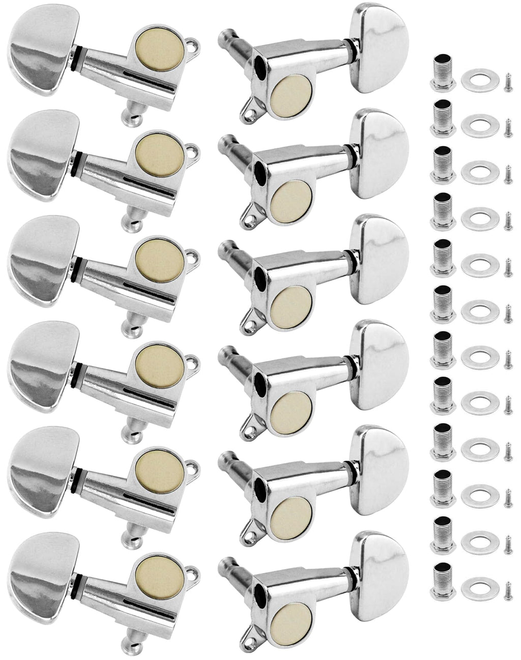 QWORK 3L3R Guitar Tuning Pegs, 12 PCS Knob Tuning Key, Guitar Machine Heads, for Electric or Acoustic Guitars, Electroplated Silver