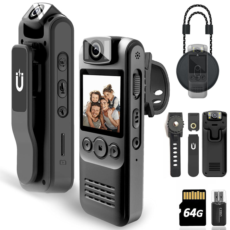 [AUSTRALIA] - Body Camera with Audio & Video Recording- 64GB 1080P HD Police Cop Cam for Outdoor Law Enforcement Guard Travel Hike Cameras- With 1.4 in-Screen Magnetic Lanyard Flashlight 6HR Battery Life Recorder 