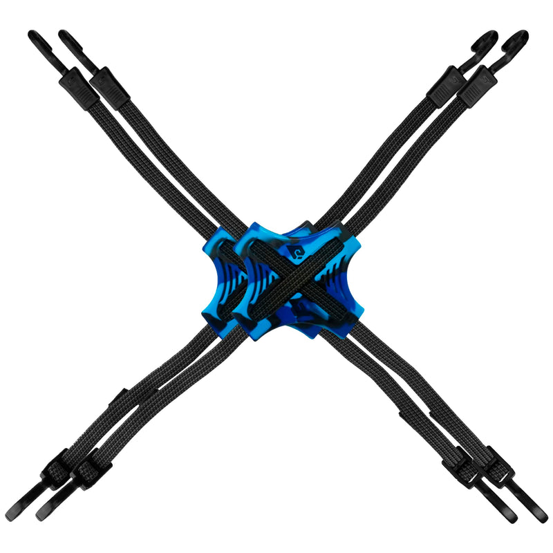 Tack Strap – 4-Way Flat Bungee Cord with Rubber Pad Grip, Non-Slip Tie Down Straps for Motorcycle, ATV, Kayak, Cycling, Camping, Truck Storage, Adjustable Bungee Cords - 2 Pack (Black & Blue) Black and Blue