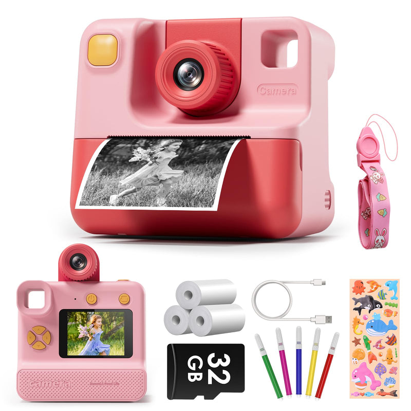 Kids Camera Instant Print, Christmas Birthday Gifts for Toddle Girls Boys Age 3-12, 20MP & 1080P Selfie Digital Camera with 3 Roll No-Ink Print Paper 32G SD Card - Pink