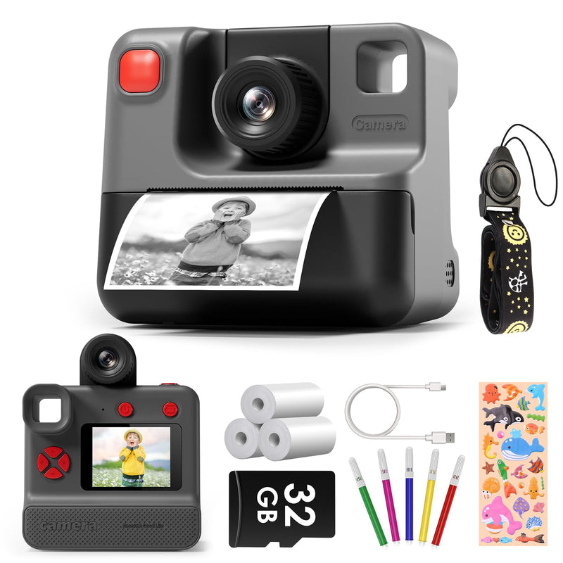 Kids Camera Instant Print, Christmas Birthday Gifts for Toddle Girls Boys Age 3-12, 24MP & 1080P Selfie Digital Camera with 3 Roll No-Ink Print Paper 32G SD Card - Black
