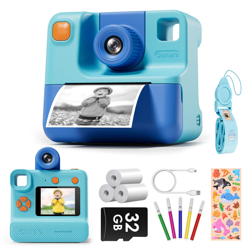 [AUSTRALIA] - Kids Camera Instant Print, Christmas Birthday Gifts for Toddle Girls Boys Age 3-12, 20MP & 1080P Selfie Digital Camera with 3 Roll No-Ink Print Paper 32G SD Card - Blue 