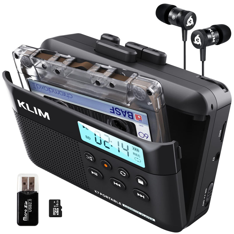[AUSTRALIA] - KLIM K7 Cassette Tape Player + Cassette to MP3 Converter + Portable Cassette Player + Walkman Cassette Player + Built-in Microphone & Speaker + Rechargeable Battery + Earphones + 16GB SD Card Black 
