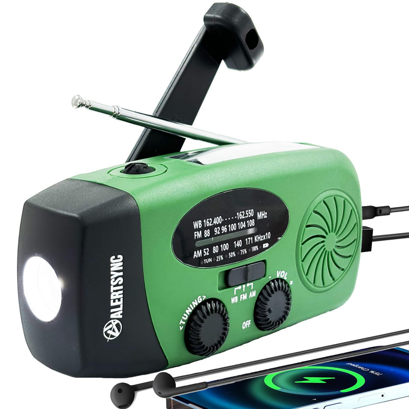 [AUSTRALIA] - 5000mah Alertsync NOAA Weather Emergency Radio with Solar Charging, AM FM Hand Crank Windup Radio SOS Alarm LED Flashlight with Earphone Jack for Home, Camping, Survival Hurricane (Green) 5000mah green 