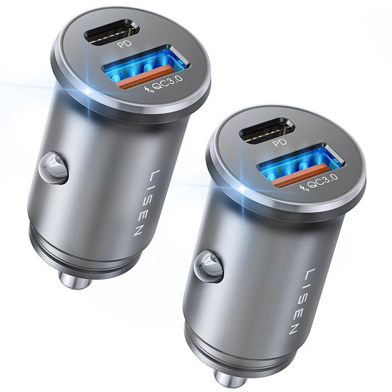 LISEN 48W USB C Car Charger Adapter [2 Pack] [Mini & Metal] Cigarette Lighter USB Charger Fast Charging [PD QC 3.0] USBC Car Phone Charger for iPhone 17 Pro Max Plus 16 Galaxy iPad Silver Kits