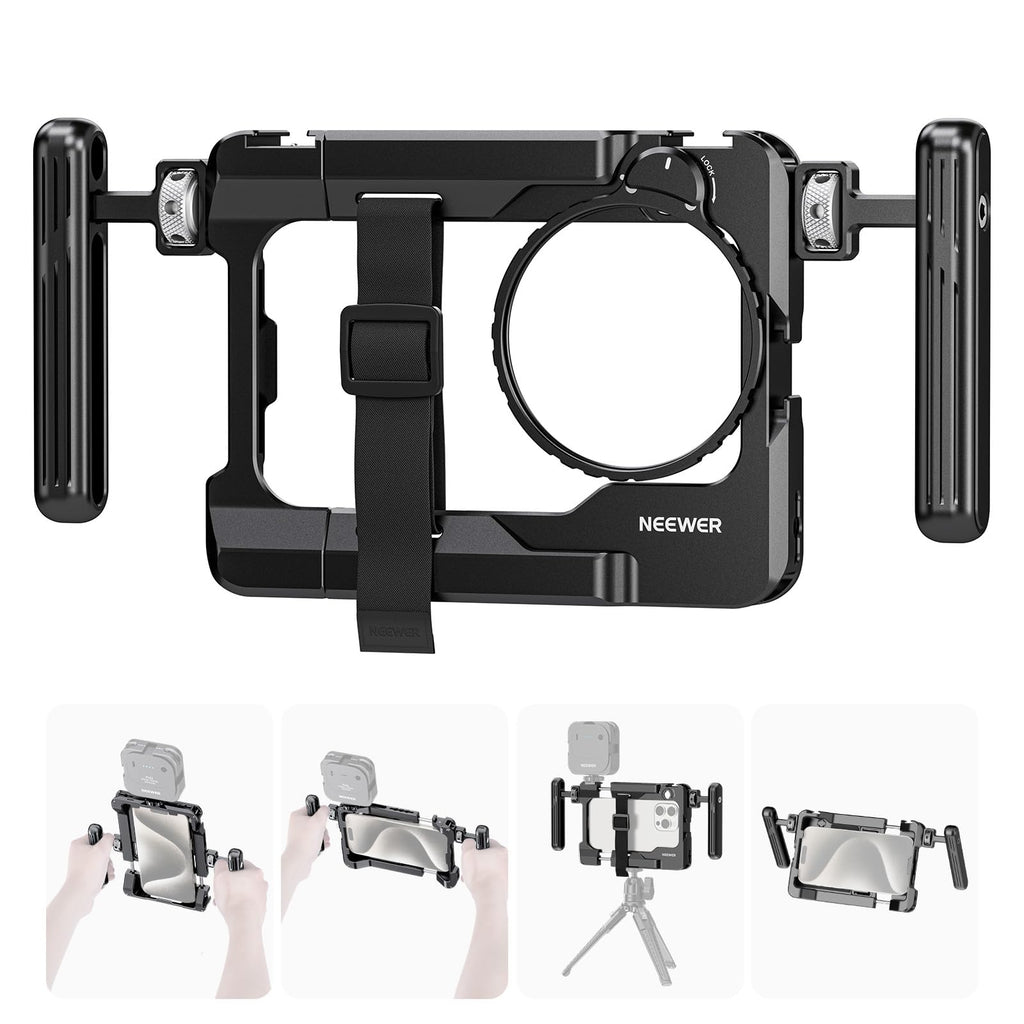 NEEWER Universal Smartphone Video Rig with Handles, 67mm Filter Adapter, Anti Drop Cold Shoe for DJI Mic, Phone Cage Stabilizer for Video Recording for iPhone 15 Pro Max S23 Ultra Pixel 8 Pro, PA017