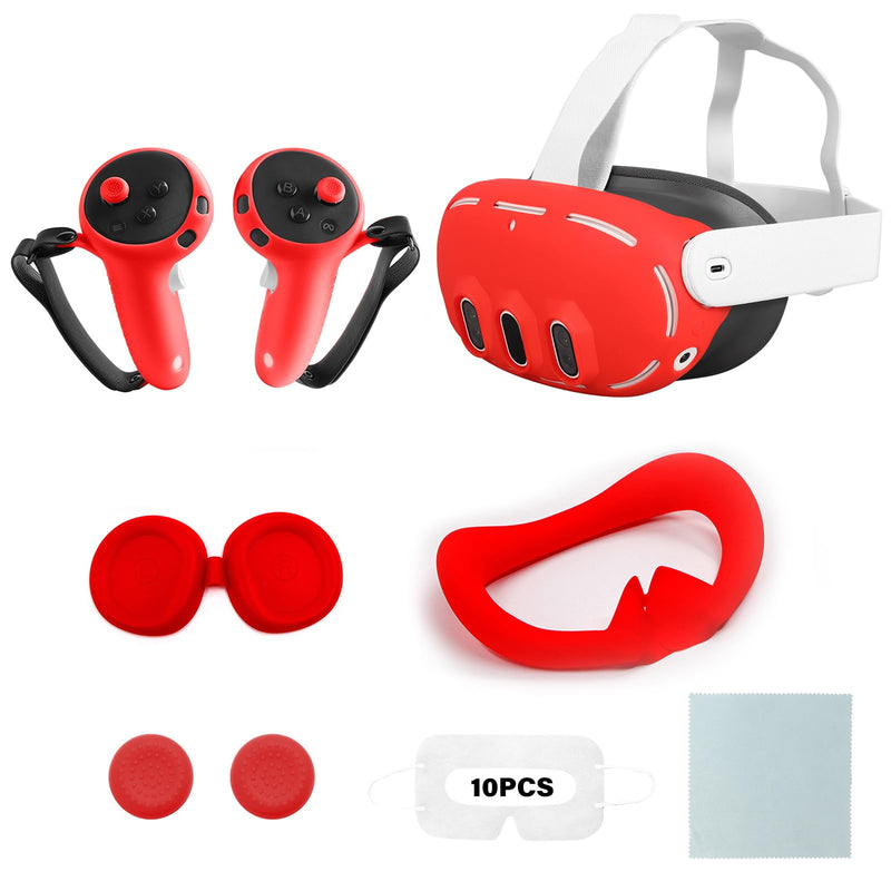 MEGREZ VR Silicone Cover Set Compatible with Oculus/Meta Quest 3, Quest 3 Accessories Protective Cover includes Face Cover, Headset Shell Cover, Protective Lens Cover, Controller Grips, Red