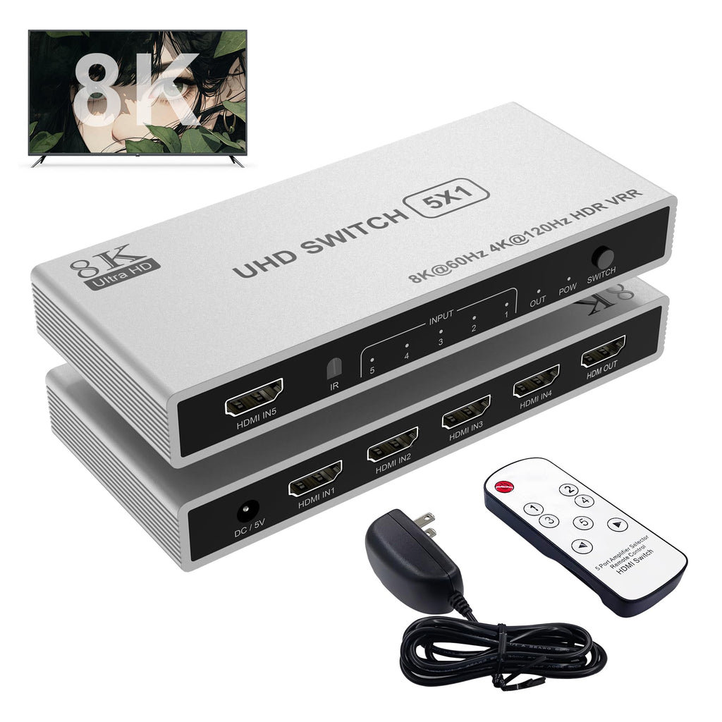 5 Port HDMI 2.1 Switch 8K@60Hz 4K@120Hz HDMI Switcher Selector 5 in 1 Out with Remote Support Auto-Switching, 48Gbps, PS5, Xbox Series X, HDR 10+, Dolby Vision, HDCP 2.3 Silver