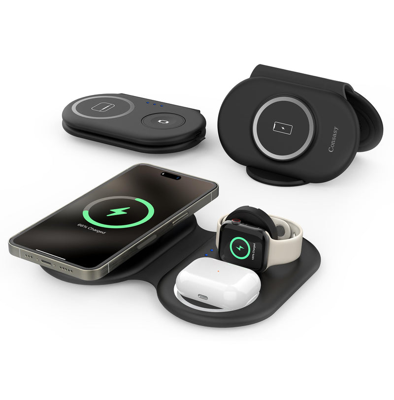 3 in 1 Wireless Charging Station, Magnetic Wireless Charger, Foldable Charger 3 in 1, Travel Charger for iPhone 15/14/13/12 Series, AirPods Pro/3/2, iWatch 2-9/Ultra (Adapter Included) Black