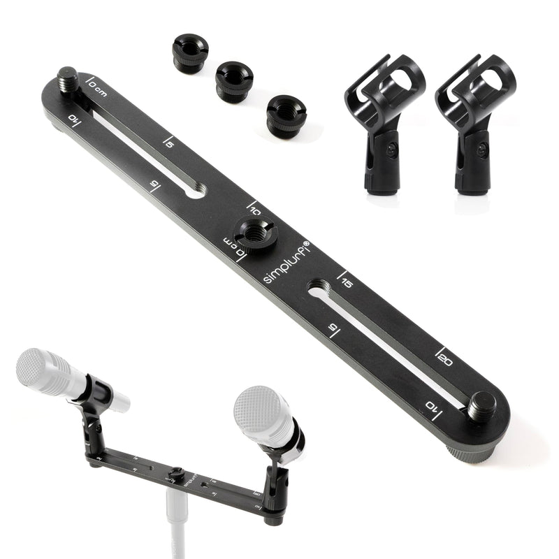 Stereo Array Spacing Microphone Mount with Ruled Markings - Holds 2 Mics - X-Y and ORTF Mic T-Bar Bracket, Fits 3/8" and 5/8" Mic Stands with Included Adapter (MIC-BAR-CLIP-MARK) with marking