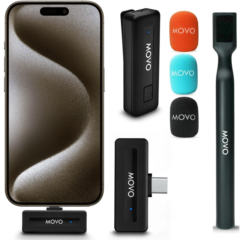 [AUSTRALIA] - Movo Wireless Mini UC Ultra Compact Wireless Lavalier Microphone for iPhone 15/16/17 and up with WMX-HM Handheld Adapter - Lapel Mic with Handle Mount for Content Creators, Interviews, Reporting USB-C 