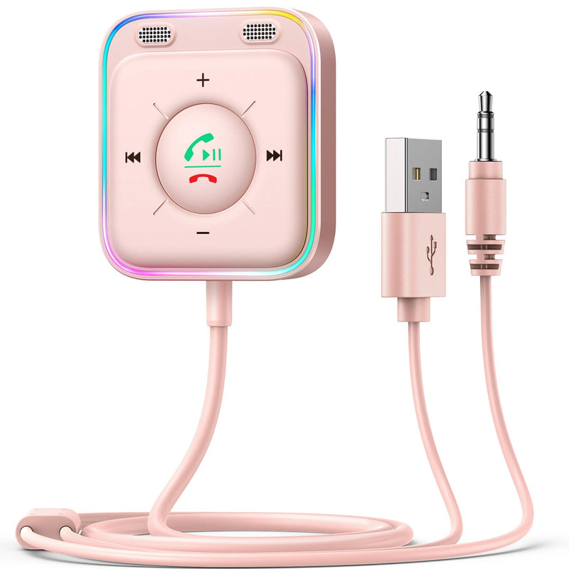 JOYROOM Bluetooth 5.4 Car Adapter with Dual Mics and Noise Cancellation, AUX Bluetooth Car Kit with Plug-and-Play and Noise Filter for Hands-Free Calls and Stereo Audio, Pink