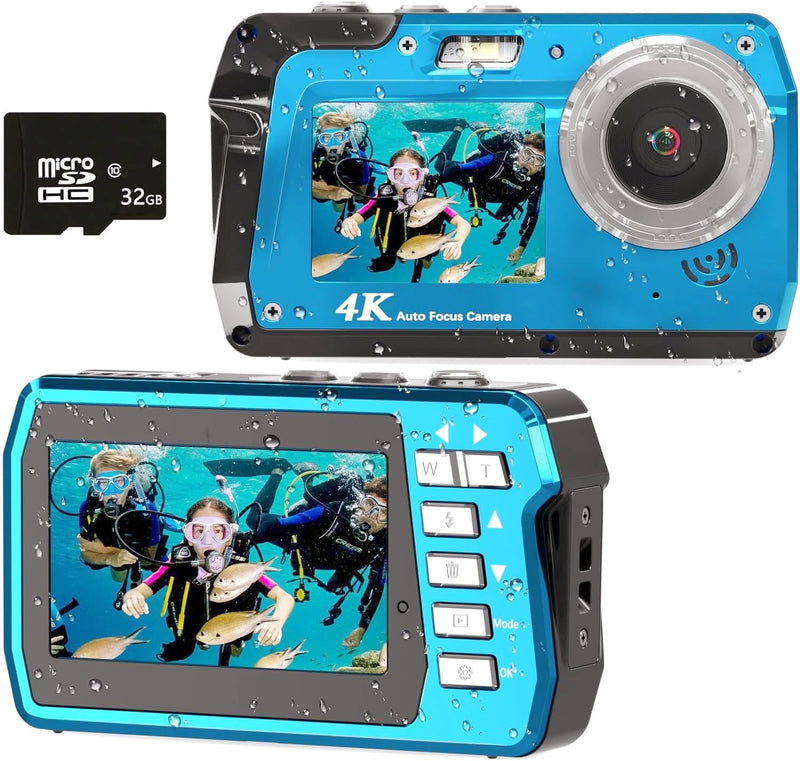 Waterproof Digital Camera, Underwater Camera with 32GB Card(Installed), 4K FHD 48MP Dual-Screen Selfie Under Water Camera for Photography, 10FT Waterproof Camera for Snorkeling, Surfing, Rafting Blue