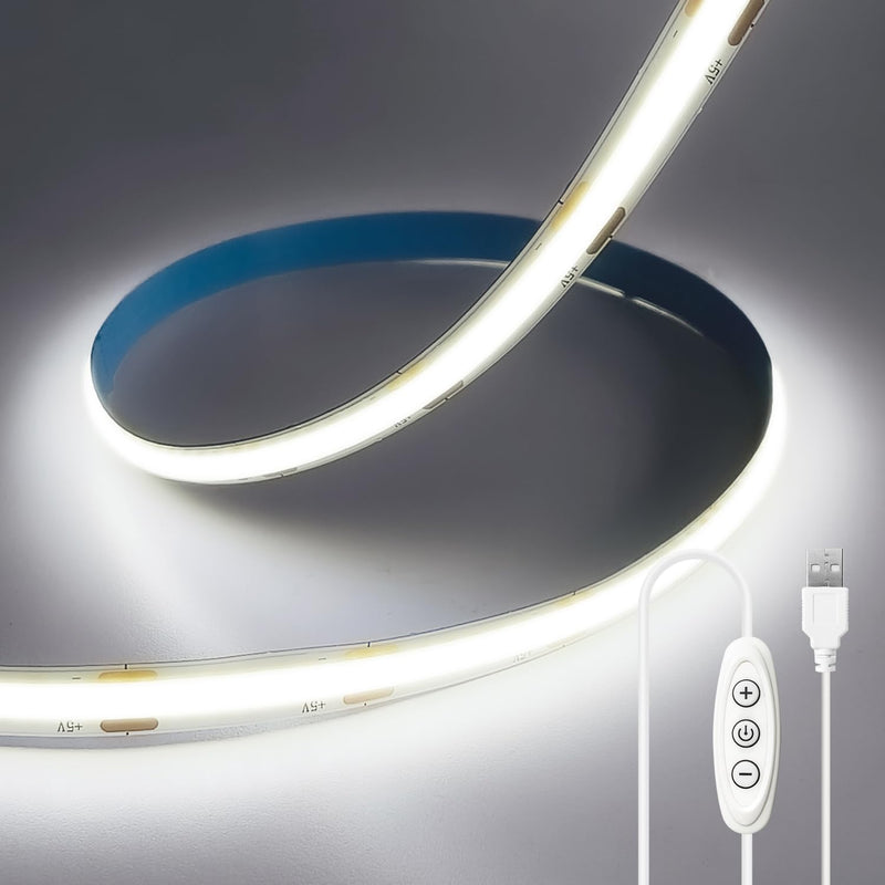 Led Strip Light 5V USB 6.56ft/2m 6000k White COB Led Tape Light 640LEDs CRI93+ Super Bright Dimmable Flexible Led Lights for TV Backlight, Mirror, Kitchen, Cabinets, Bedroom Decor
