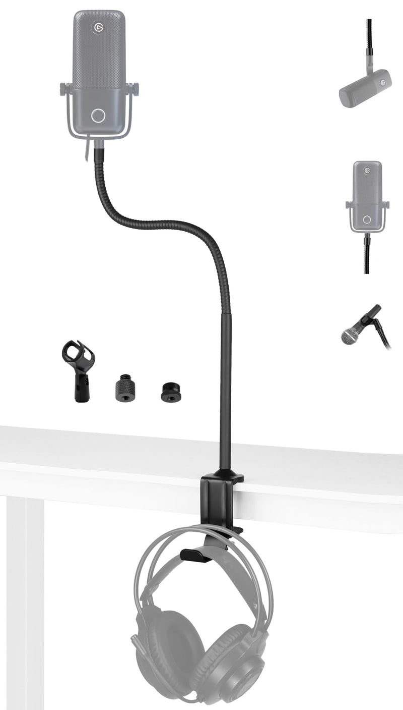 Wave 3 Microphone Arm Stand, 24 Inch Clamp Mount Swivel Holder With Headphone Hook Compatible With Elgato Wave 3, DX USB Microphones - Mic Stand With 1/4 Thread, Clip and 3/8, 5/8 Adapter