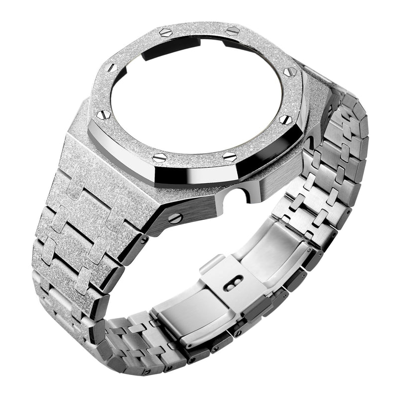 BMT GA2100 Watch Band Case Mod Kit, Stainless Steel Strap Bezel Replacement Accessories Frosted Surface Compatible with Men's Watches G-Shock GA-2100/GA-2110/GA-B2100 Frost Silver