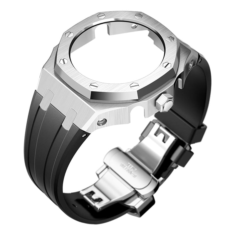 BMT GA2100 Case Band Mod Kit, Stainless Steel Case Bezel Crown Silicone Strap Replacement Accessories Compatible with Men's Watches G-Shock GA-2100/GA-2110/GA-B2100 Silver Black