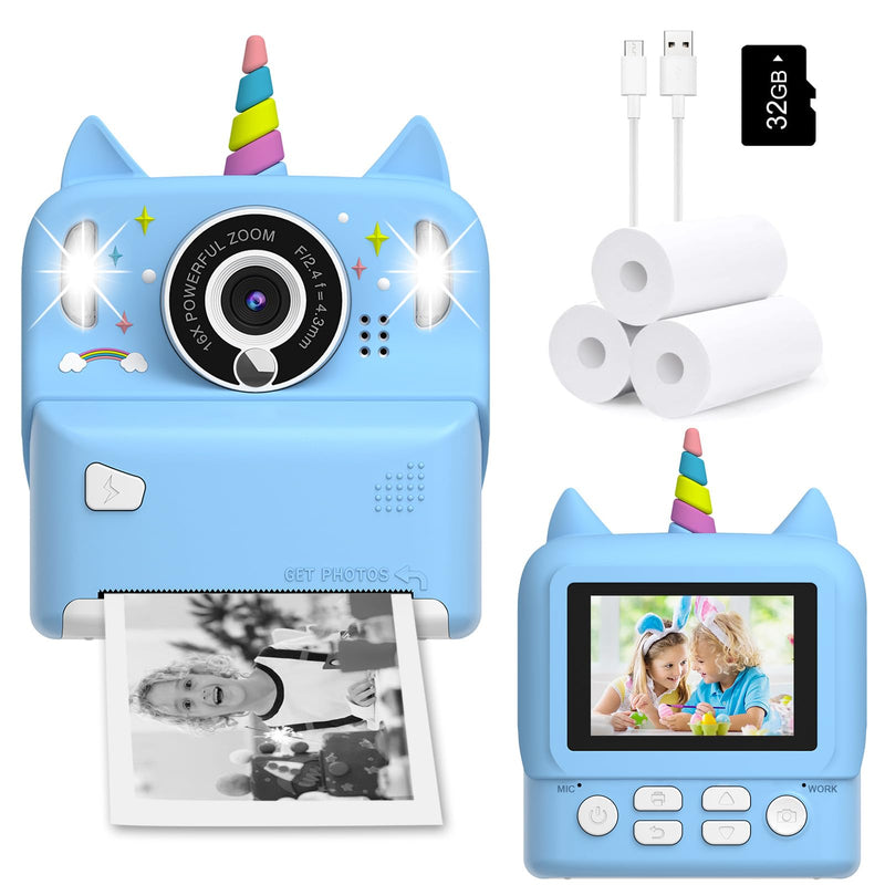 Instant Print Camera for Kids - Christmas Birthday Gift Toy for Girl Boy Age 3-9, Children Selfie Digital Cameras with Cartoon Soft Silicone Cover, Print Black White Photo with 32GB Card (Blue) Blue