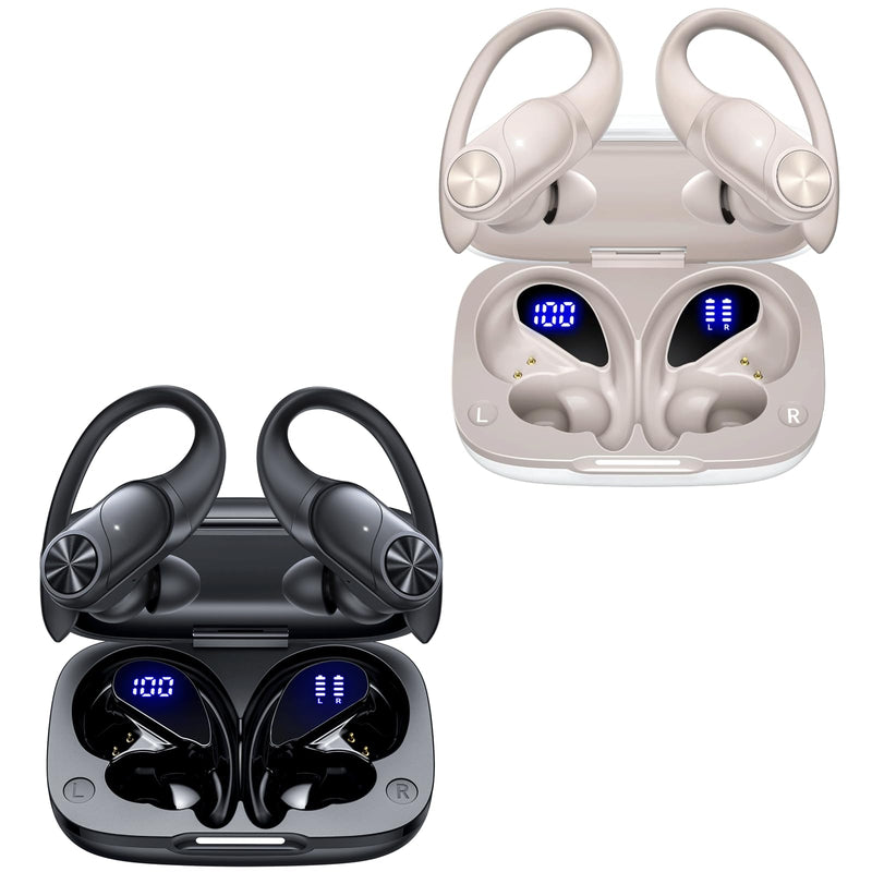 2 Sets Bluetooth Headphones Wireless Earbuds 80hrs Playtime Wireless Charging Case Sports Ear buds with Earhook Premium Deep Bass IPX7 Waterproof Over-Ear Earphones for Phone Laptop Black + Pearl Gray