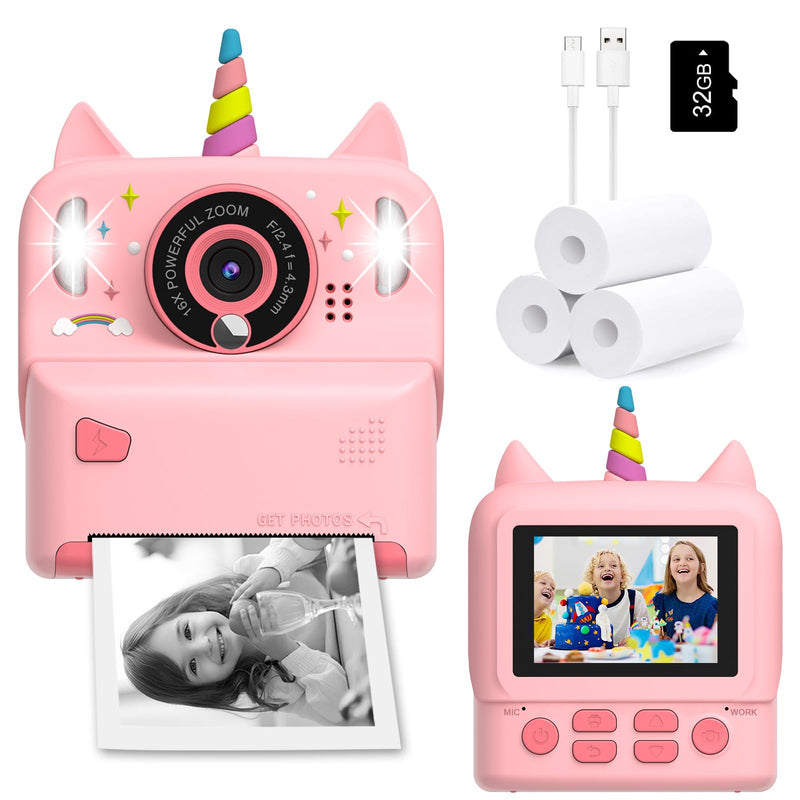 Instant Print Camera for Kids - Christmas Birthday Gift Toy for Girl Boy Age 3-9, Children Selfie Digital Cameras with Cartoon Soft Silicone Cover, Print Black White Photo with 32GB Card (Pink) Pink