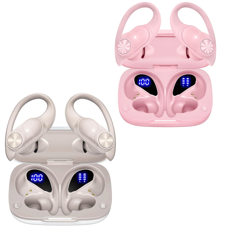 2 Sets Bluetooth Headphones Wireless Earbuds 80hrs Playtime Wireless Charging Case Sports Ear buds with Earhook Premium Deep Bass IPX7 Waterproof Over-Ear Earphones for TV Phone Laptop White and Pink
