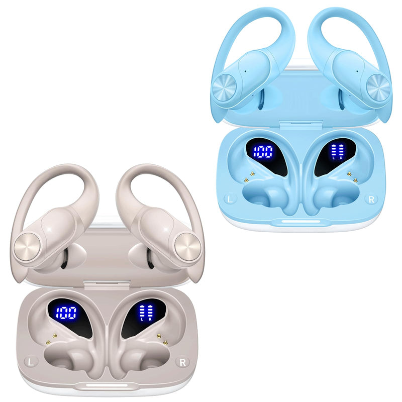 2 Sets Bluetooth Headphones Wireless Earbuds 80hrs Playtime Wireless Charging Case Sports Ear buds with Earhook Premium Deep Bass IPX7 Waterproof Over-Ear Earphones for TV Phone Laptop White and Blue