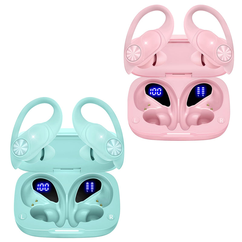 2 Sets Bluetooth Headphones Wireless Earbuds 80hrs Playtime Wireless Charging Case Sports Ear buds with Earhook Premium Deep Bass IPX7 Waterproof Over-Ear Earphones for Phone Laptop Mint Green + Pink