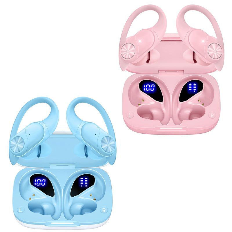 2 Sets Bluetooth Headphones Wireless Earbuds 80hrs Playtime Wireless Charging Case Sports Ear buds with Earhook Premium Deep Bass IPX7 Waterproof Over-Ear Earphones for TV Phone Laptop Pink and Blue
