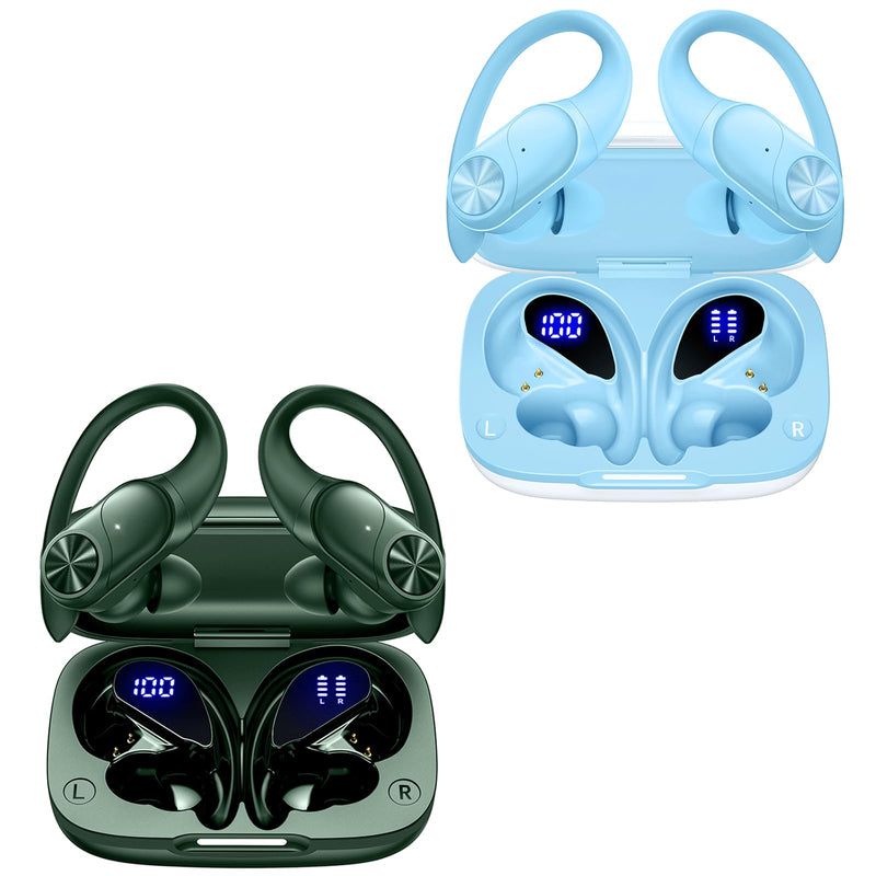 2 Sets Bluetooth Headphones Wireless Earbuds 80hrs Playtime Wireless Charging Case Sports Ear buds with Earhook Premium Deep Bass IPX7 Waterproof Over-Ear Earphones for TV Phone Laptop Olive and Blue
