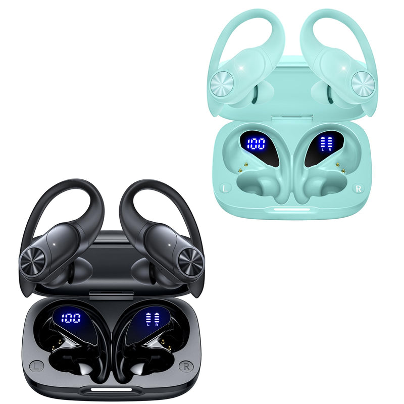 2 Sets Bluetooth Headphones Wireless Earbuds 80hrs Playtime Wireless Charging Case Sports Ear buds with Earhook Premium Deep Bass IPX7 Waterproof Over-Ear Earphones for Phone Laptop Black + Mint Green