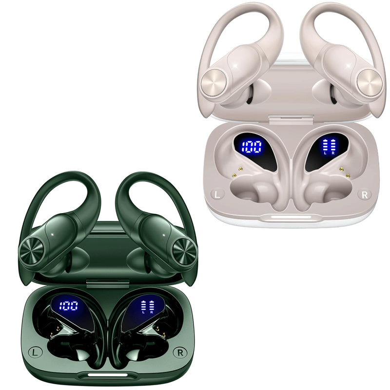 2 Sets Bluetooth Headphones Wireless Earbuds 80hrs Playtime Wireless Charging Case Sports Ear buds with Earhook Premium Deep Bass IPX7 Waterproof Over-Ear Earphones for TV Phone Laptop Olive and White