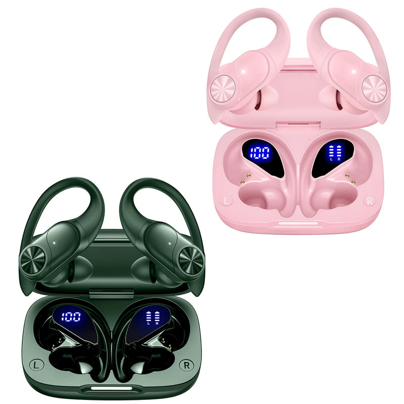 2 Sets Bluetooth Headphones Wireless Earbuds 80hrs Playtime Wireless Charging Case Sports Ear buds with Earhook Premium Deep Bass IPX7 Waterproof Over-Ear Earphones for TV Phone Laptop Olive and Pink