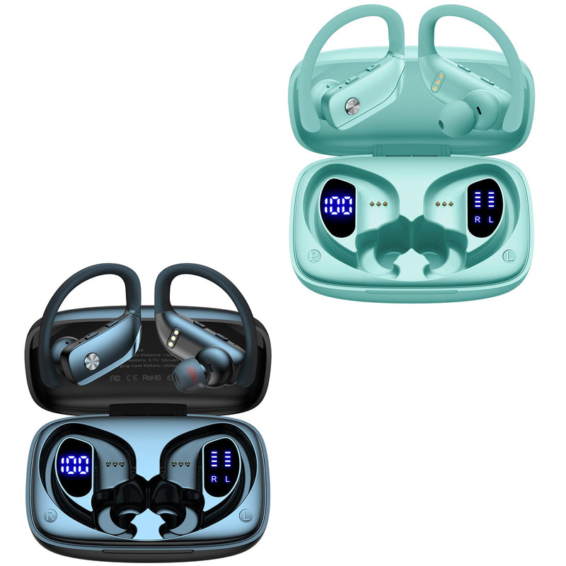 2 Sets Wireless Earbuds Bluetooth Headphones 48hrs Play Back Sport Earphones with LED Display Over-Ear Buds with Earhooks Built-in Mic Headset for Workout Black + Mint Green